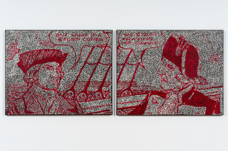 Daniel Boyd Untitled (ITYHTSTI), 2025; oil, acrylic and archival glue on canvas; diptych; 80 x 100.5cm each; enquire