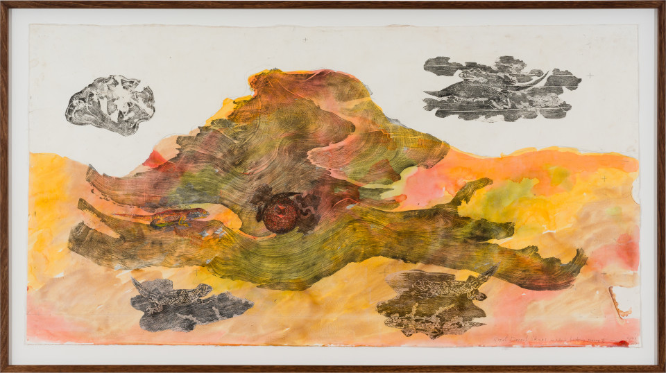 John Wolseley Great desert skinks on their basking mound in the Great
Sandy desert II, 2026; watercolour and woodblock print on paper; 98 x 187 cm; 113 x 202 cm (framed); enquire