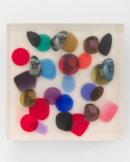 Jim Lambie February 2014, Diamonds Above, 2026; resin, sunglasses lens, birch plywood, paint; 33 x 33 x 5 cm; enquire