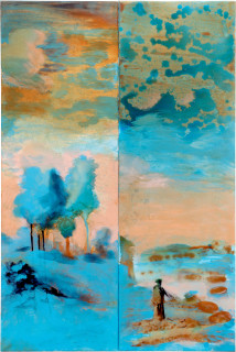 Tony Clark Landscape with St Hilda and Ammonites, 2006; from the series Exhibited in 'Stolen Ritual', 2006; acrylic and permanent ink on canvas board; 2 panels, overall dimensions 120 x 80cm; enquire