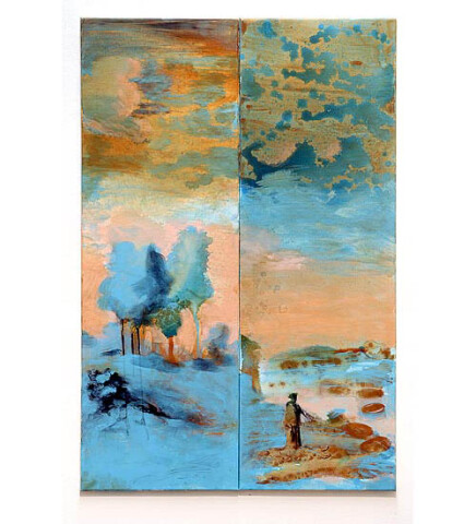 Tony Clark Landscape with St Hilda and Ammonites, 2006; from the series Exhibited in 'Stolen Ritual', 2006; acrylic and permanent ink on canvas board; 2 panels, overall dimensions 120 x 80cm; enquire