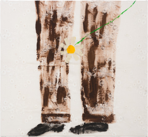 Jenny Watson Trousers and Daisy, 2022; acrylic on vintage American fabric; 61 x 66 x 2 cm; more info; enquire