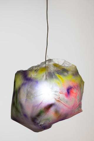Mikala Dwyer Lamp Sculpture 3, 2024; PETG, acrylic paint, lightbulb, string; 60 x 70 x 65 cm; enquire