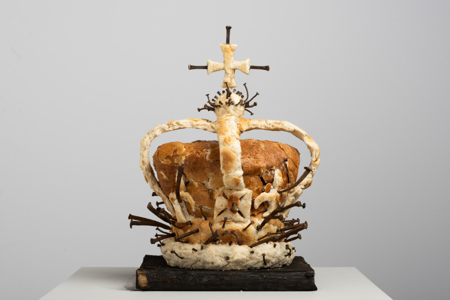 Fiona Hall, Relic I, 2024, bread, nails and burnt book, 35 x 25 x 25 cm