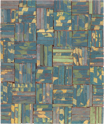 Rosalie Gascoigne Tesseraw Y, 1990; sawn / split soft drink crates on plywood; 43 x 36 cm; enquire