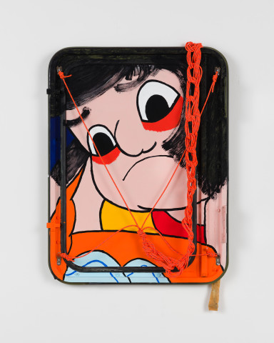 Claire Healy and Sean Cordeiro Momotaro, 2020; Iroquois aircraft panel, acrylic gouache, polyester cord; 85 x 62 x 5 cm; more info; enquire