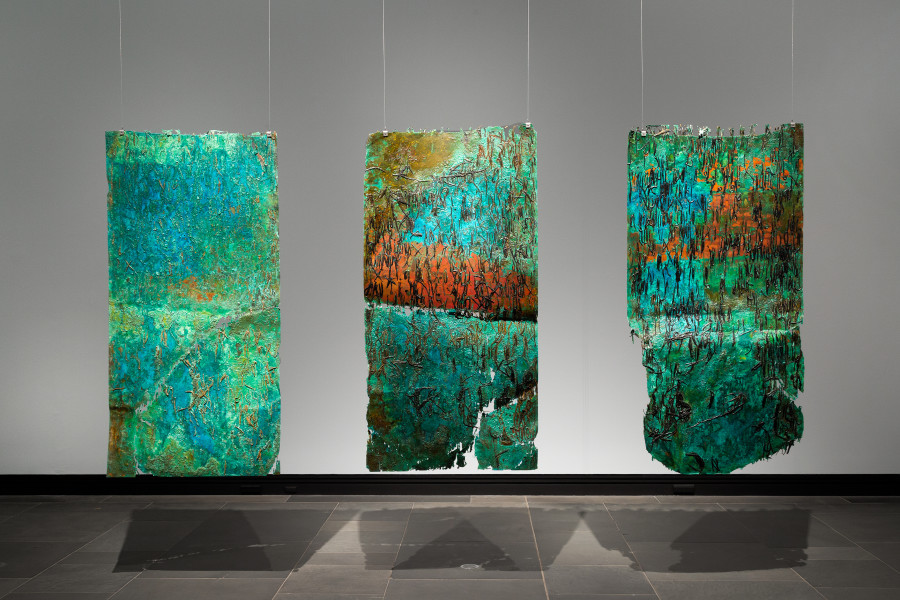 Kirtika Kain Chronicles II, 2025; etched copper, oxidation, resin; three parts, 200 x 100 cm each; enquire