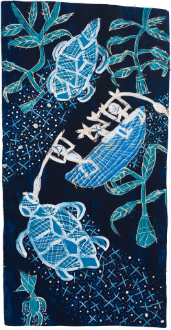 Dhambit Munuŋgurr Milpun milpun, 2020; 3819-20; earth pigments and acrylic on bark; 192 x 99 cm; more info; enquire