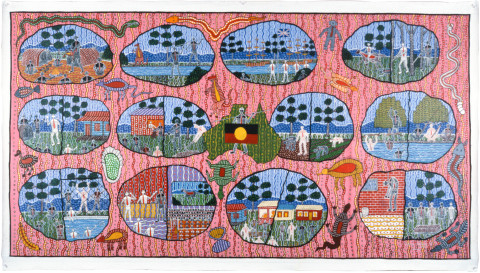 Robert Campbell Jnr Abo History (Facts), 1988; acrylic on canvas; 127.5 x 235.5 cm; enquire