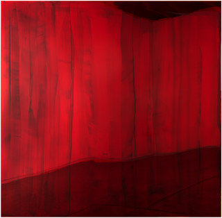 Dale Frank Bangladeshi, 2017; Bluebird Blood under Liquid Glass on perspex; 200 x 200 cm; enquire