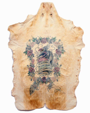 Wim Delvoye Untitled (Liberty Bell), 2006; tattooed pigskin, framed between glass; 190 x 139 cm; enquire