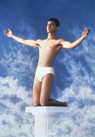 Pierre et Gilles Saint Simeon Le Stylite (Karim Zeriahen), 1990; painted photograph; 80 x 56 cm; enquire