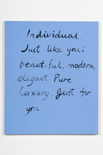 Jenny Watson Blue Set (detail), 1994; oil on cotton & Indian pigment on stretchers; 10 panels: 61 x 45 cm; 86 x 40 cm; 62 x 48 cm; 96 x 56 cm; 61 x 50 cm; 61 x 50 cm; 25 x 20 cm; 50 x 22 cm; 61 x 45 cm; 86 x 46 cm; enquire