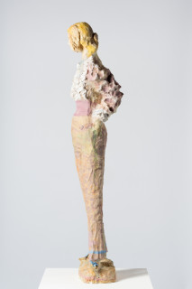 Linda Marrinon Woman with pink cummerbund, 2025; painted plaster and muslin; 118 x 30 x 18 cm; enquire