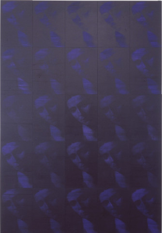 Lindy Lee Gates of the Face, 1997; acrylic and photocopy on Stonehenge paper on board; 205 x 142.5 cm; 25 panels; enquire