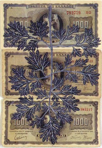 Fiona Hall Leaf Litter (detail), 2000-02; gouache on banknotes; dimensions variable; enquire