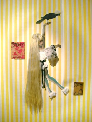 Jacqueline Fraser The Ventriloquist says, 2005; faux fur, French floque organza, wig, back light photo, French silk taffeta; 150 x 120 cm; enquire