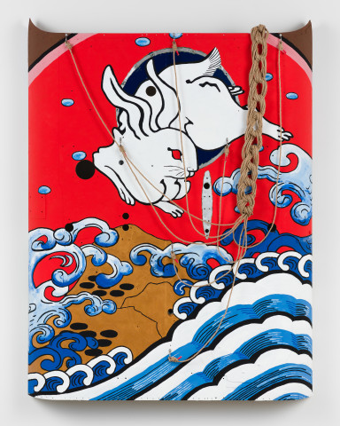 Claire Healy and Sean Cordeiro Nami Usagi, 2020; Kiowa helicopter FWD shell assembly, acrylic gouache paint, jute, tape; 157 x 125 x 14 cm; more info; enquire