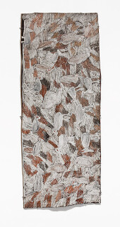Nyapanyapa Yunupiŋu Murriyil, 2012; 4138C; natural earth pigments on bark; 116 x 48 cm; enquire