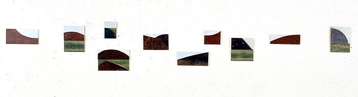 Rosalie Gascoigne Sky Lark, 1994-95; sawn wood on wood; 10 panels: 14 x 41cm, 22 x 34.5cm, 21.5 x 44 cm, 19.5 22.5cm, 35 x 26.5cm, 19.5 x 43cm, 30.5 x 32cm, 36 x 28cm, 23.5 x 16.5cm, 19 x 42cm; enquire
