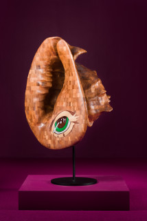 Del Kathryn Barton more the her, 2022; American Black Walnut with Cambia ash and Rock Maple wood, Abalone Green and White Fresh Water mother of pearl inlay, hardwax oil, blackened steel; 157 x 100 x 100 cm; 140kg; more info; enquire