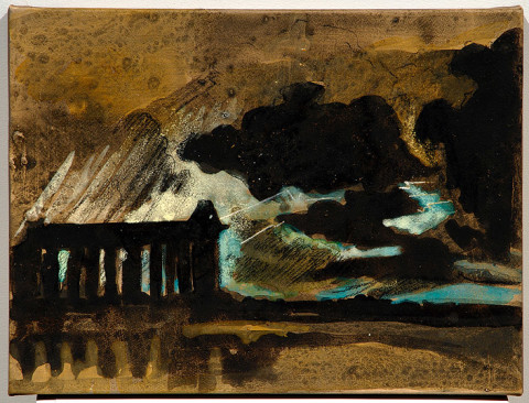 Mandy Martin Epic Fatality; Turner and Paestum in a Thunderstorm, 2007; Ochre, pigment and acrylic on arches paper; 30 x 40 cm; enquire