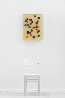 Jim Lambie June 2002, Love and Eternity, 2026; resin, sunglasses lens, birch plywood, paint; 60 x 45 x 5 cm; enquire