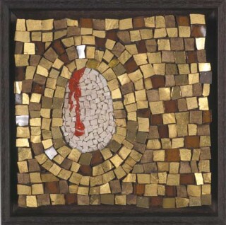 Nell Drip, Egg, Gold, 2003; glass & stone tiles, ceramic adhesive, wood; 18.5 x 18.5 x 5.3 cm; enquire