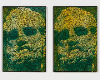 Daniel Boyd Untitled (WIHSTSICSBS), Untitled (STTSTBFU), 2025; oil, charcoal and archival glue on canvas; diptych; 91.5 x 61 cm each; enquire