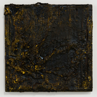 Kirtika Kain black small, 2025; gold leaf, gold pigment, wax and gauze bandage on disused silk screen; 37 x 37 cm; more info; enquire