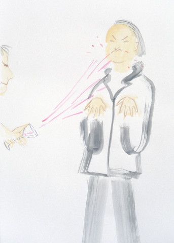 Vivienne Shark LeWitt untitled sketch (throwing wine at man), 1994; watercolour on paper; 75 x 55 cm; enquire