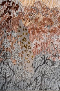 Yalmakany Marawili Women harvesting Bunydjuŋu (detail), 2026; 2071-26; earth pigments on board; 200 x 200 cm; enquire