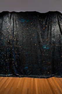 Kirtika Kain Midnight (detail), 2025; tar on hessian, stones, gold leaf and acrylic paint; 329 x 885 x 35 cm; dimensions variable; enquire