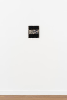 installation view; Daniel Boyd Untitled (TSVORIL), 2025; oil, ink and archival glue on paper mounted to board; 30 x 25 cm; enquire