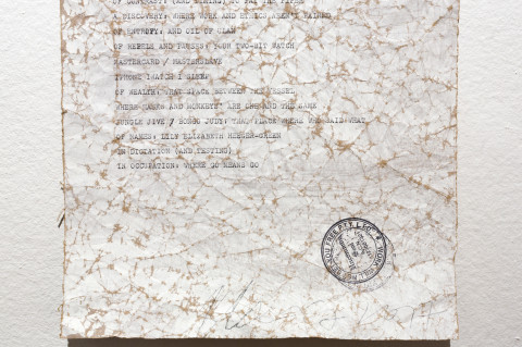 Newell Harry Dictation test (for jay Dee), 2017 (detail); gesso on crumpled paper, hand typed text, artist's stamp; 75 x 22.5 cm; Enquire