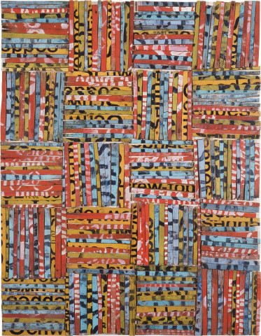 Rosalie Gascoigne Gaudeamus, 1989; sawn / split soft drink crates on plywood; 105 x 81 cm; enquire