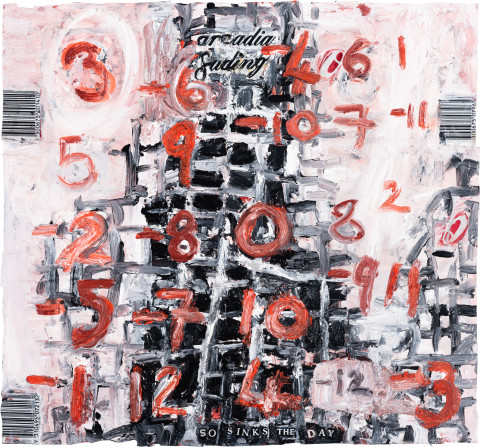 Fiona Hall Counting For Nothing 3, 2024; oil paint on aluminium drink cans; approx. 30.5 x 33.5 cm; enquire