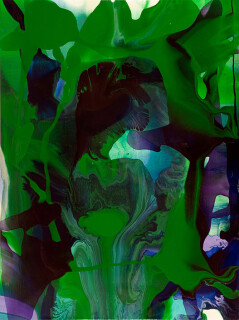 Dale Frank 25. He had left four paintings on the go in the studio when he left, wet, moving around, they were left to find their own way. If they just stayed calm they would be able survive the every gradually solidifying ooze in which they lay., 2009; varnish on canvas; 120 x 160 cm; enquire