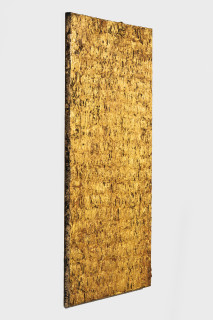 Kirtika Kain Untitled ii, 2026; cotton, wax, charcoal, gold leaf, sand and tar; 183 x 91 cm; enquire