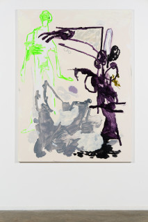 installation view; Tom Polo soft surrender in purple and green, 2026; acrylic on polycotton; 182 x 138 cm; enquire