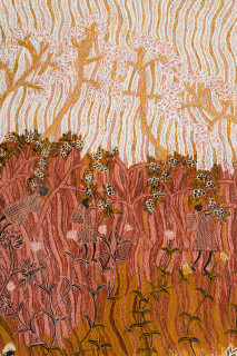 Yalmakany Marawili Wäwuru' (detail), 2026; 2513-26; earth pigments on stringybark; 190 x 81 cm; enquire