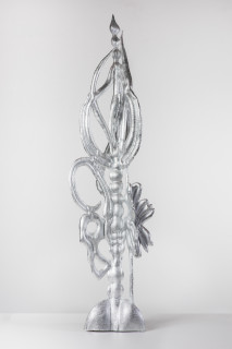 Caroline Rothwell Sylvan body (silver), 2023; hydrostone, canvas, steel, bioresin, metal leaf, composite materials; 138 x 38 x 38 cm; more info; enquire