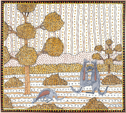 Robert Campbell Jnr Grey Kangaroos Fighting Over Doe, 1990; ochre on canvas; 104 x 116 cm; enquire