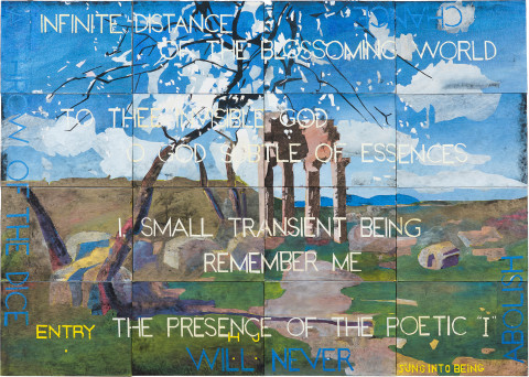 Imants Tillers Nature Speaks: HJ, 2021; synthetic polymer paint, gouache on 16 canvasboards, nos. 112574–112589; 101 x 141.5 cm; more info; enquire