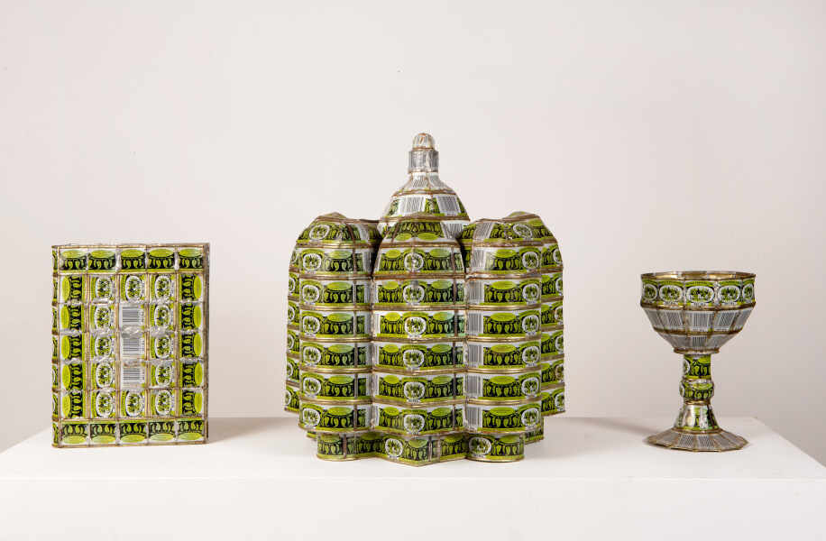 Fiona Hall Cargo Cult (Piper nigrum/black pepper), 1993; green peppercorn tins; dimensions variable; Enquire