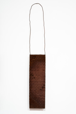 Lorraine Connelly-Northey Narrbong, 2019; CONNL - 0008; rusted iron, tin backing, wire; 170 x 26 x 7 cm; Enquire