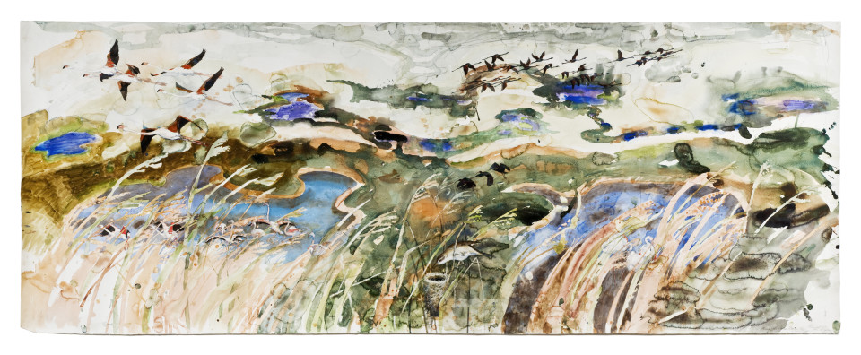 John Wolseley A Natural History of Swamps I, Great Reed Warbler - Camargue, 2009/2010; watercolour on paper; 114 × 300cm