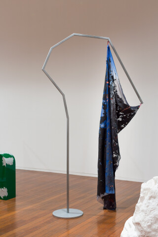 Mikala Dwyer Flags, 2018; painted steel, fabric, carabiner; 237 x 130 x 36 cm; (II); enquire