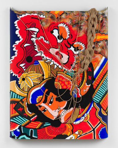 Claire Healy and Sean Cordeiro Raiko & Shuten Douji, 2020; Kiowa FWD helicopter shell assembly, acrylic gouache, jute, tape; 157 x 125 x 14 cm; more info; enquire