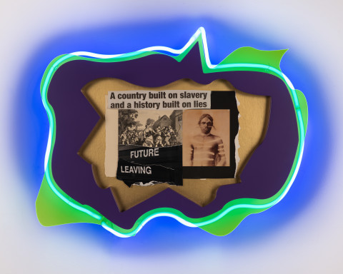 Brook Andrew This year, future leaving..., 2020; paper, wood, neon, acrylic; 56 x 70 x 9 cm; more info; enquire